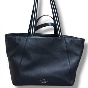 Kate Spade Black Leather Tote Bag with Striped Shoulder Straps